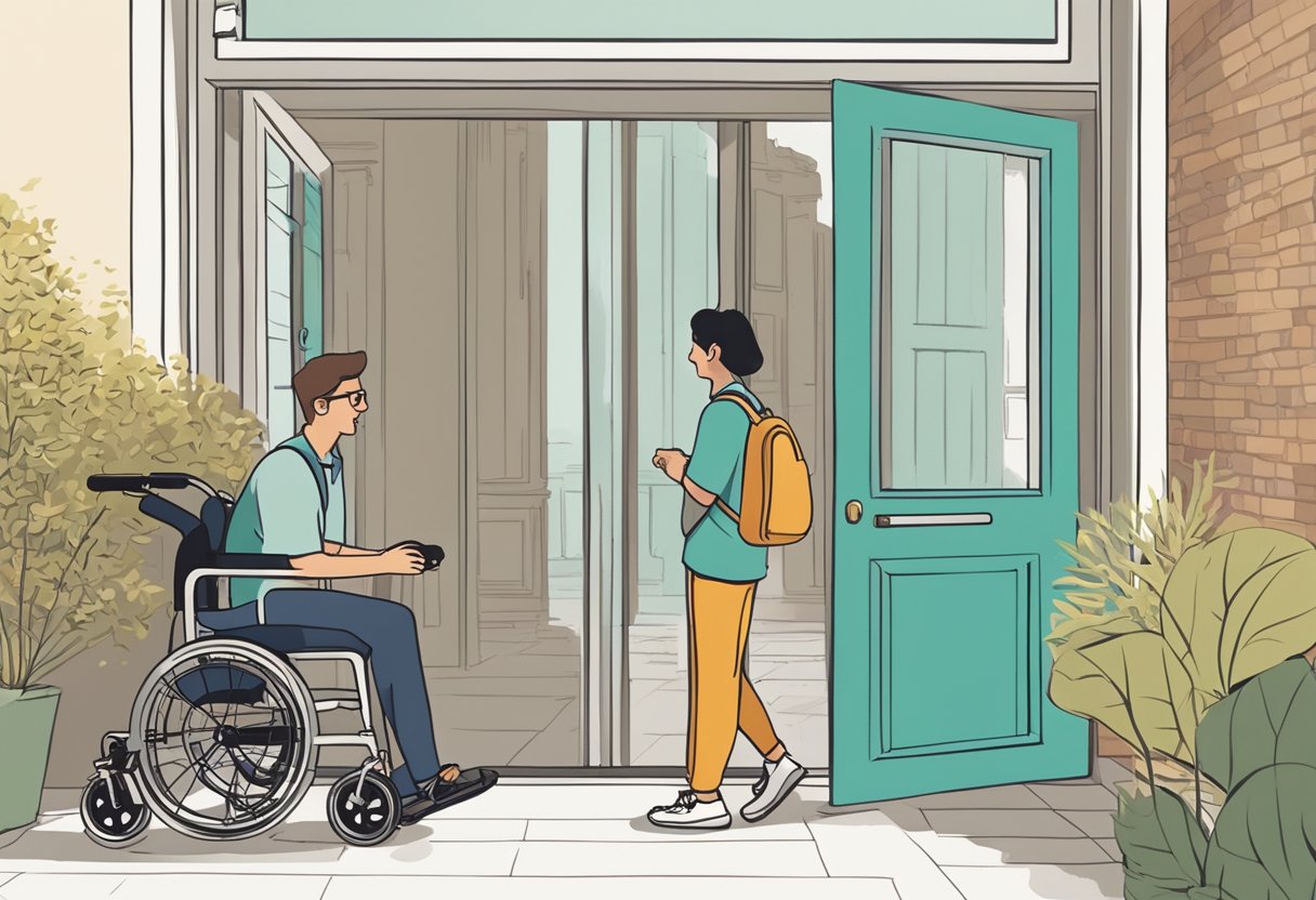 A person using a rollator to navigate through a doorway with ease, while another person looks on with curiosity, surrounded by a backdrop of frequently asked questions about rollators