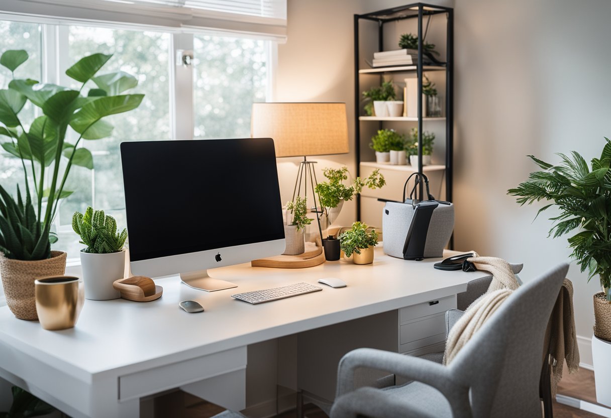 A bright, organized home office with a desk, chair, and storage. Decor includes seasonal accents like cozy blankets and vibrant plants