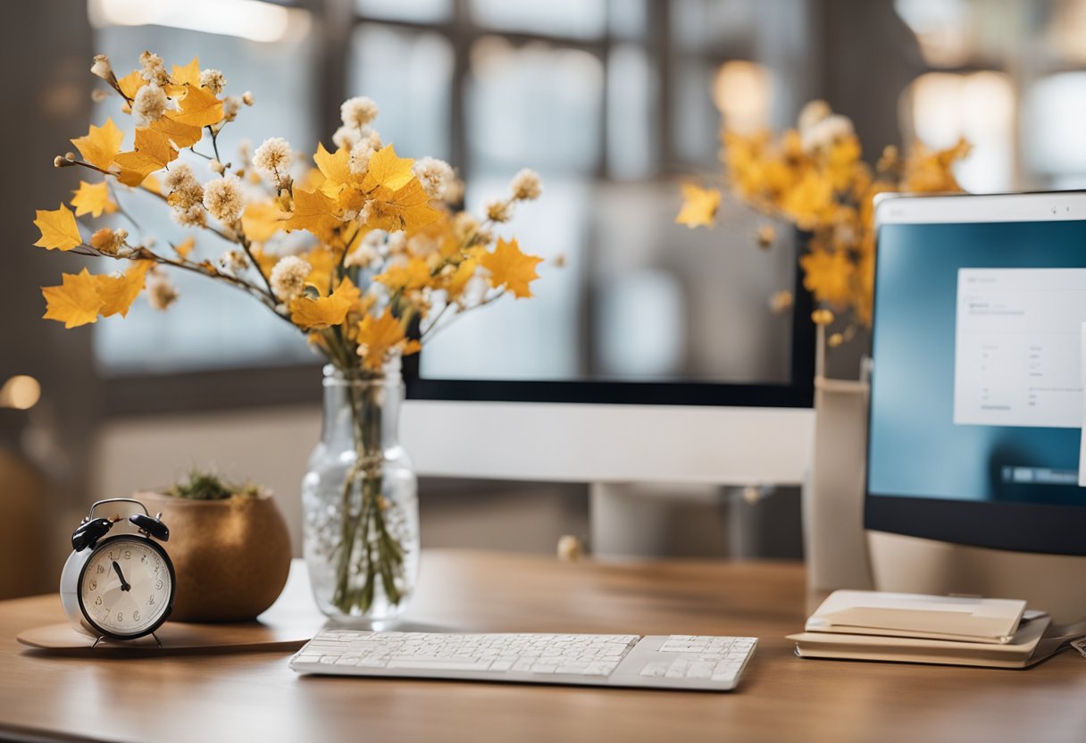 A home office desk with changing seasonal decor: spring flowers, summer beach theme, autumn leaves, winter snowflakes