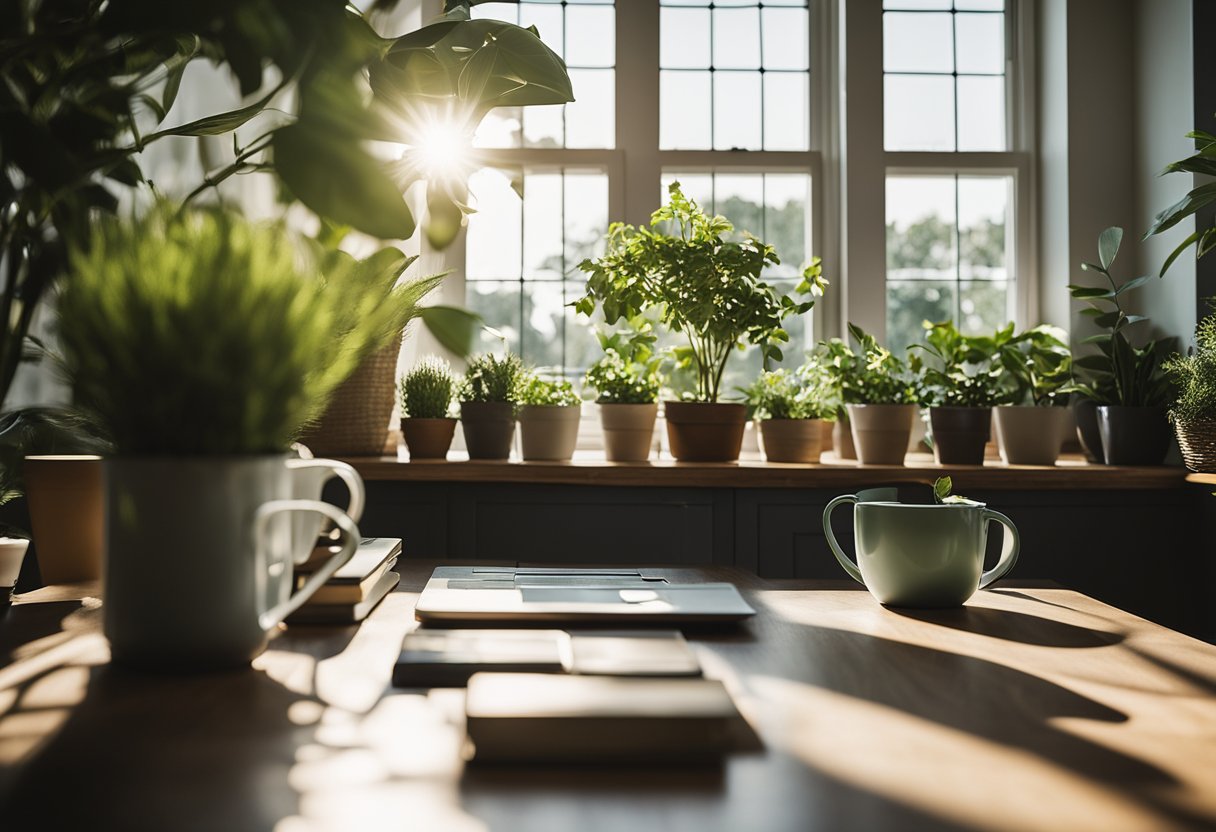 A bright home office with large windows, green plants, and seasonal decor accents. Sunlight streams in, casting shadows and creating a refreshing, natural atmosphere