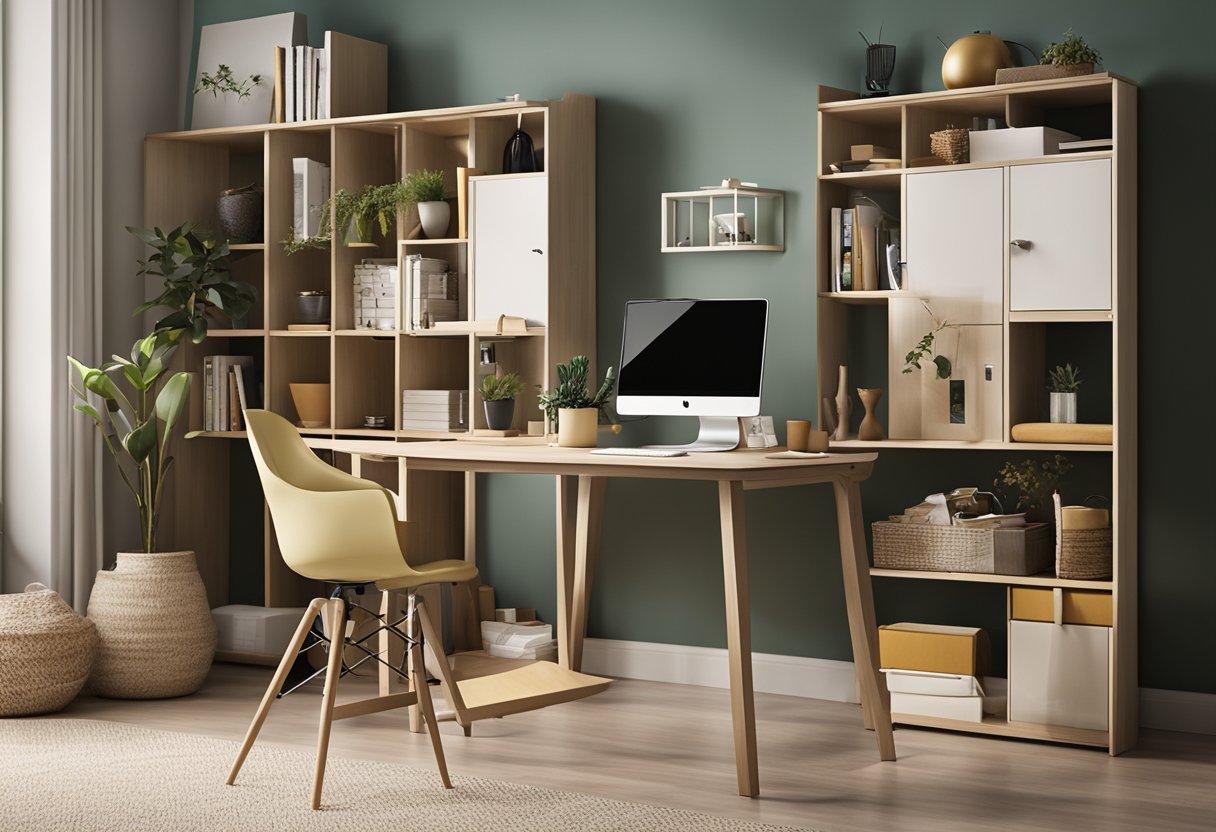 A home office with versatile furniture for all seasons: a convertible desk, adjustable shelves, and foldable chairs. Different decor for each season: bright colors for spring, warm tones for autumn, and cozy textures for winter