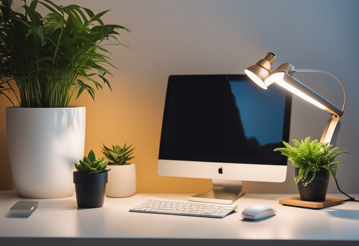 A desk with a sleek computer, potted plants, and a stylish lamp. Colorful wall art and decorative accessories add a pop of personality to the modern home office