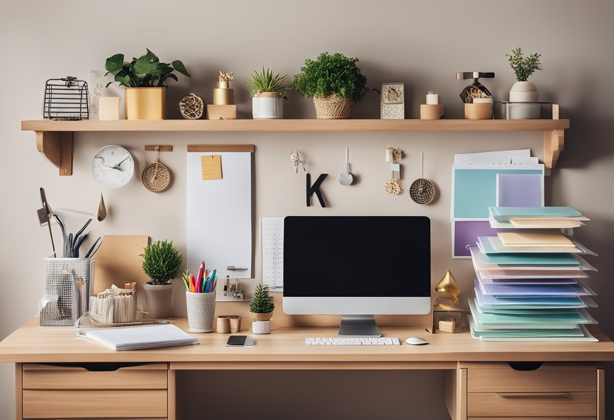 A desk with neatly arranged organizers, colorful stationery, and seasonal decor accents. The space feels fresh and inviting, ready for a productive day