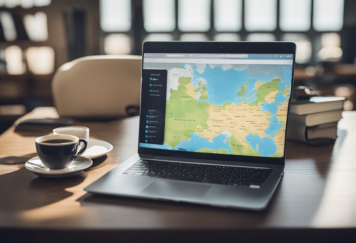 A laptop, smartphone, and portable WiFi hotspot sit on a sleek desk with a comfortable chair. A world map and travel guidebooks are neatly stacked nearby