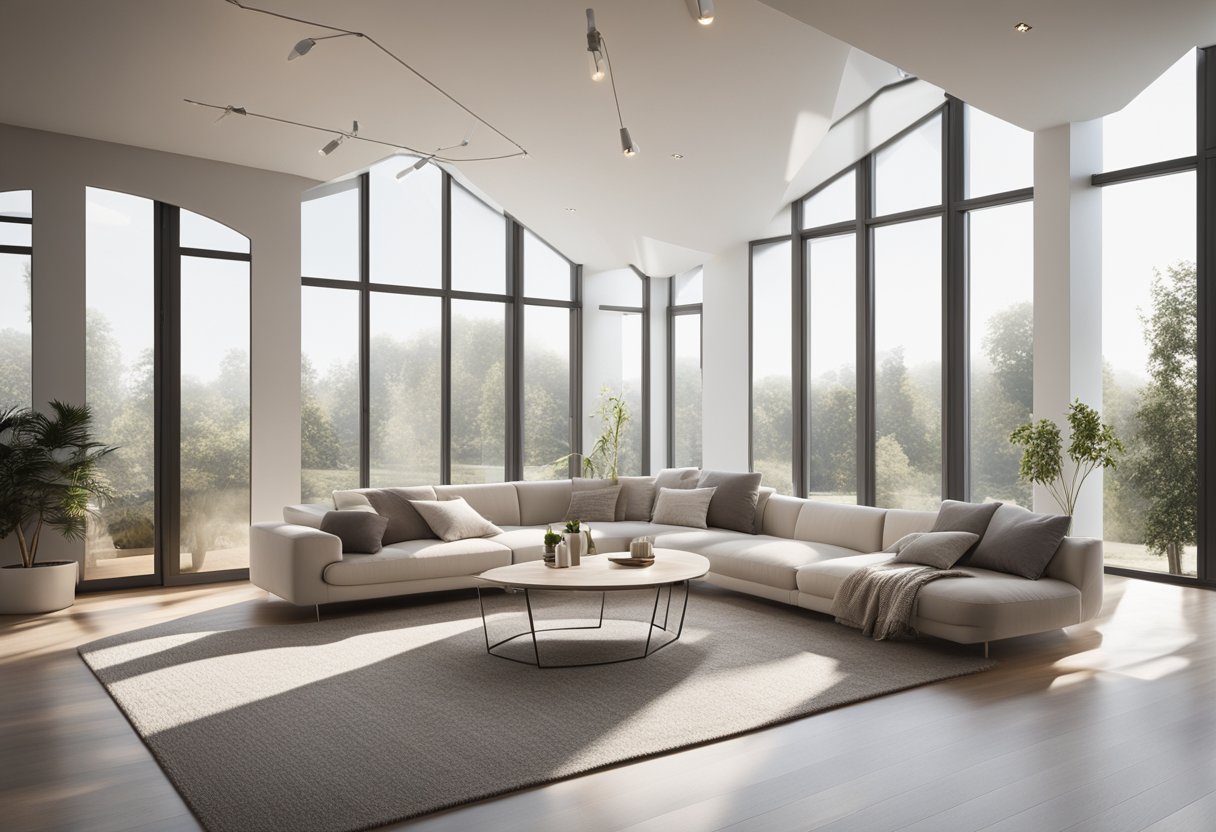 A bright, airy room with large windows and minimalistic decor. Soundproof panels on the walls and a plush rug on the floor create a quiet, focused atmosphere