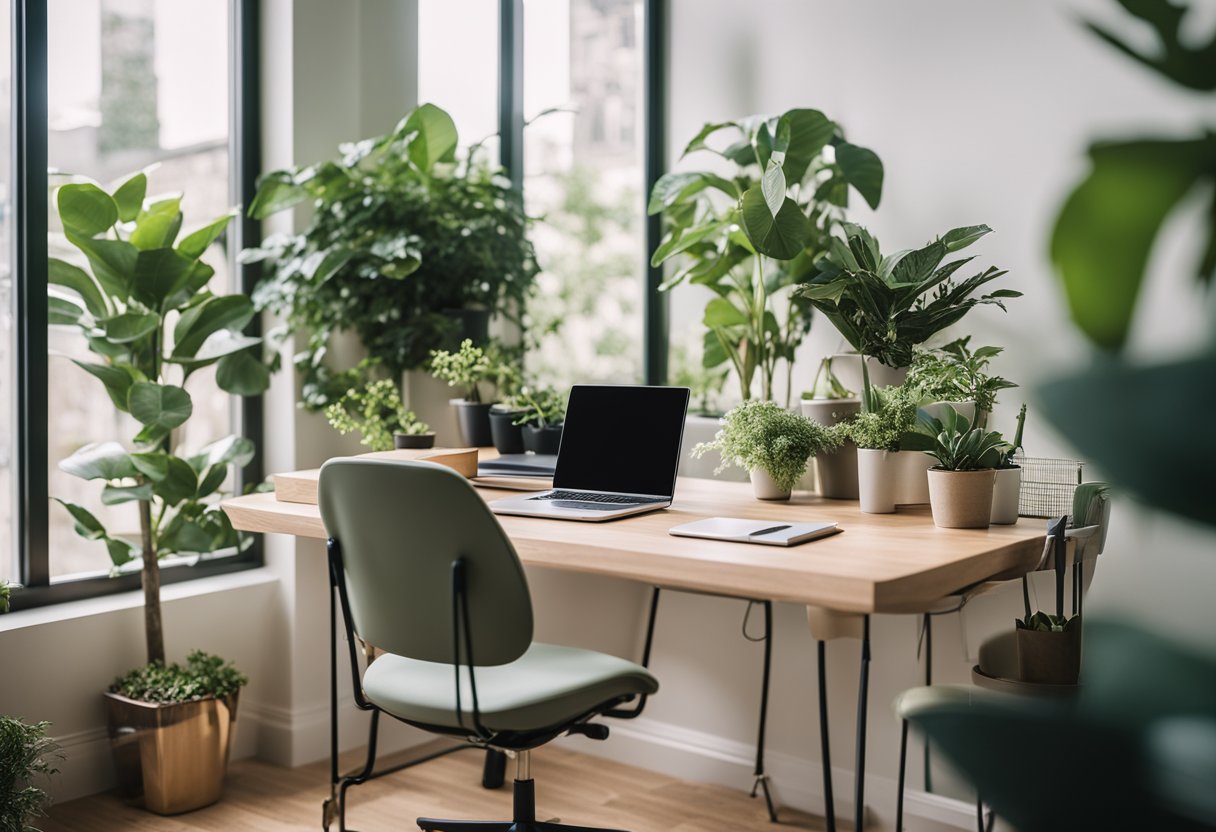 A bright, airy room with a large desk, ergonomic chair, and plants. A laptop and monitor sit on the desk, surrounded by natural light and a calming color palette