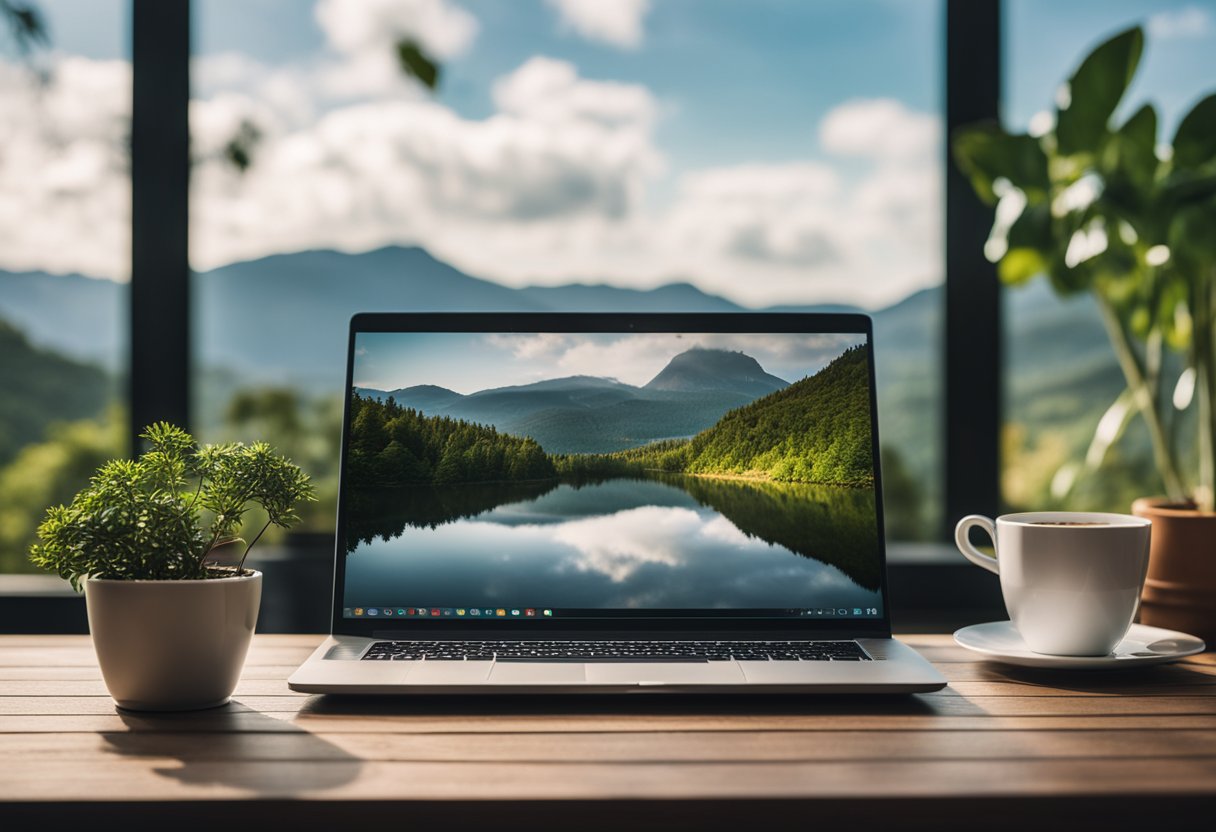 A laptop sits on a wooden desk next to a potted plant and a cup of coffee, with a large window in the background showcasing a scenic view of nature