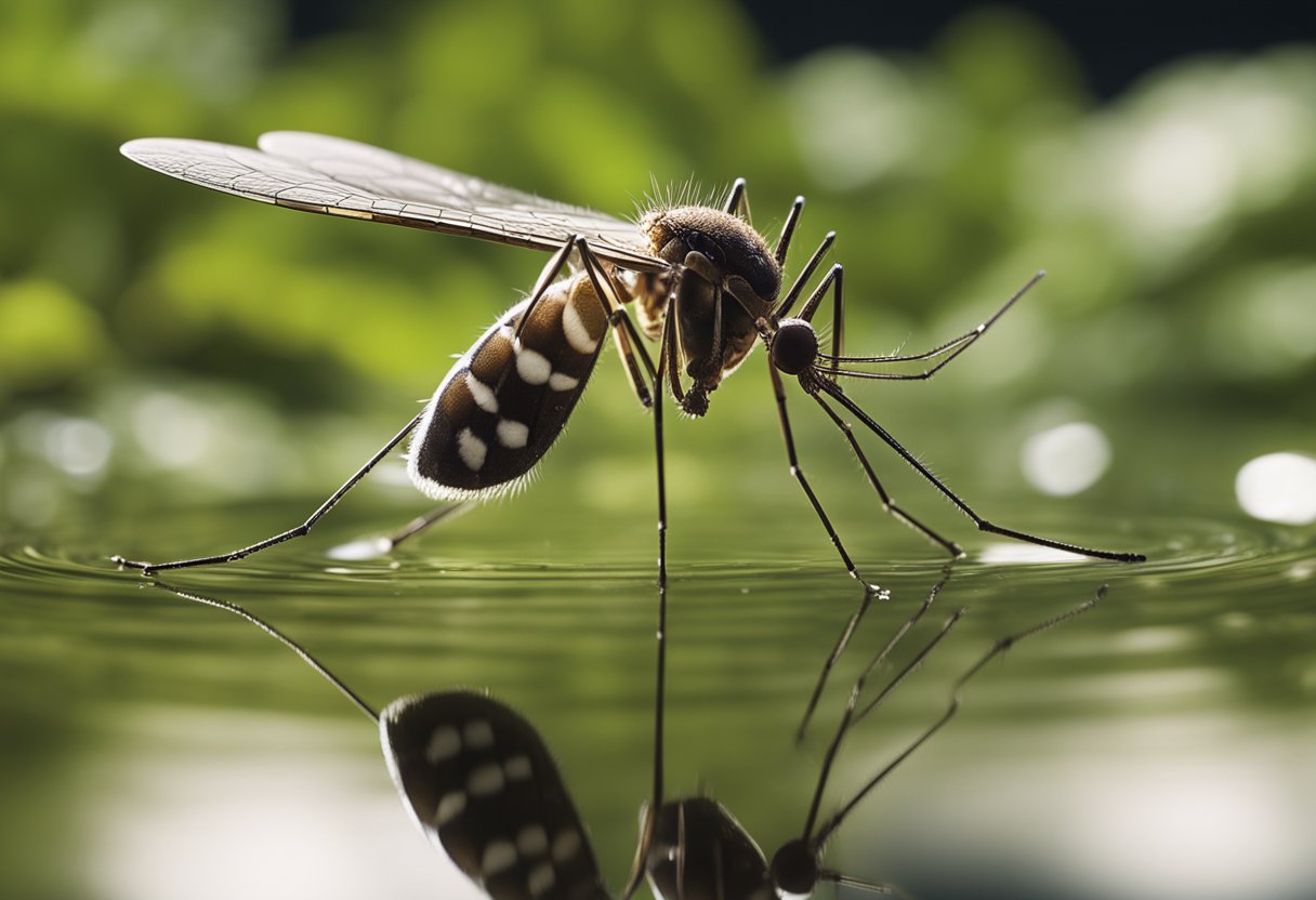 A mosquito carrying the Chikungunya virus hovers over a stagnant pool of water, ready to transmit the disease to a new host