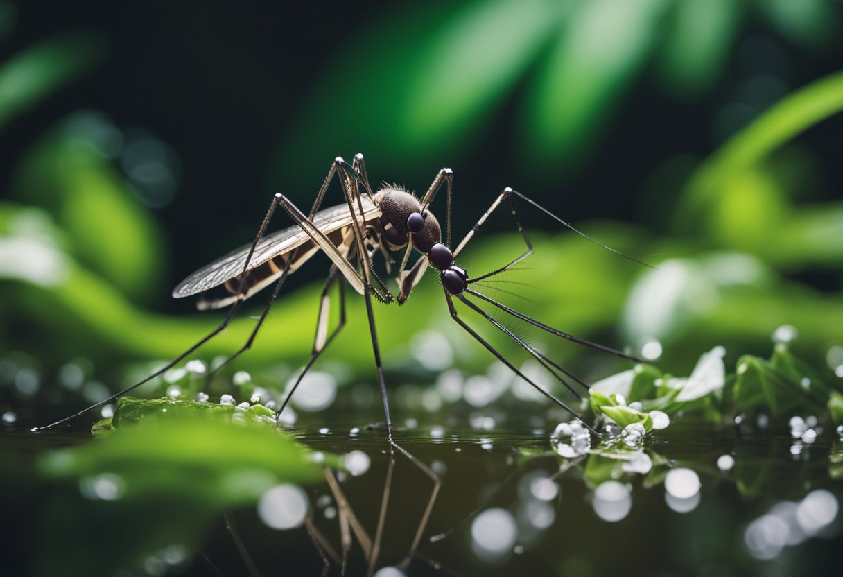 A mosquito carrying the Chikungunya virus lands on a tropical plant, surrounded by stagnant water and discarded containers