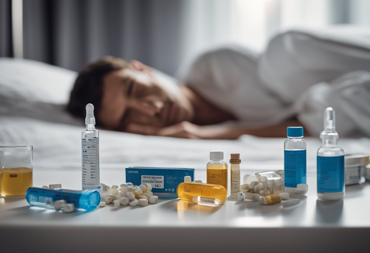 A person lying in bed, with a fever and joint pain, surrounded by empty medication packets and a thermometer