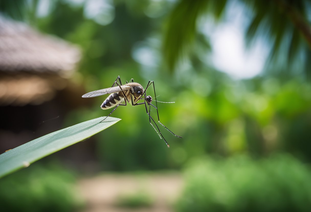 A mosquito hovers over a tropical setting, with palm trees and a small village in the background, representing the transmission of the Chikungunya virus