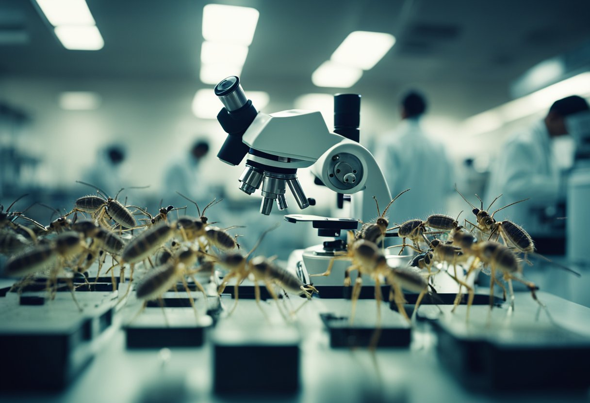 Scientists study Chikungunya virus in a lab setting, with microscopes, test tubes, and research equipment