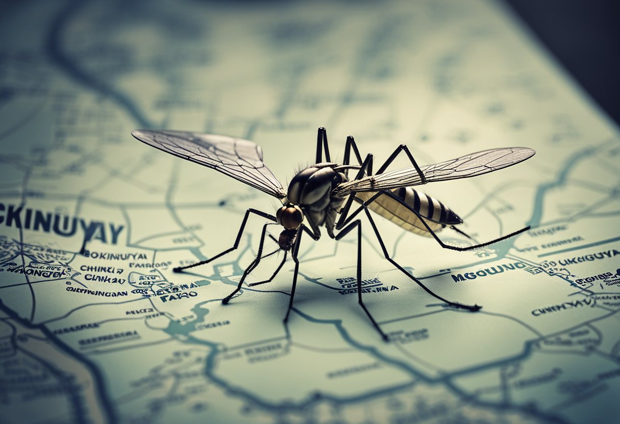 A mosquito hovers over a map with highlighted areas, while a pile of pamphlets labeled "Chikungunya FAQ" sits nearby