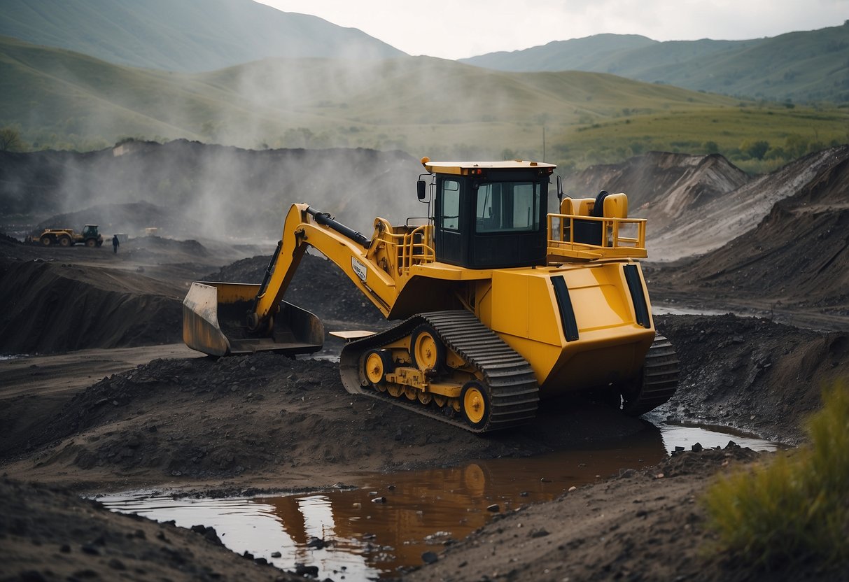 A landscape of industrial mining equipment extracting cryptocurrency, with polluted water and damaged vegetation