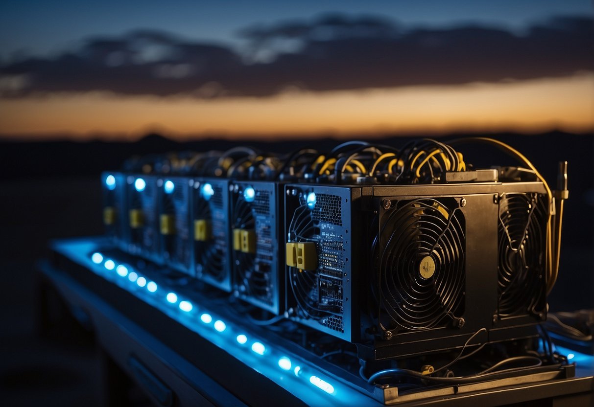 The mining rig hums as it consumes energy, casting a shadow over the surrounding landscape. The air is filled with the sound of fans and the faint glow of computer screens