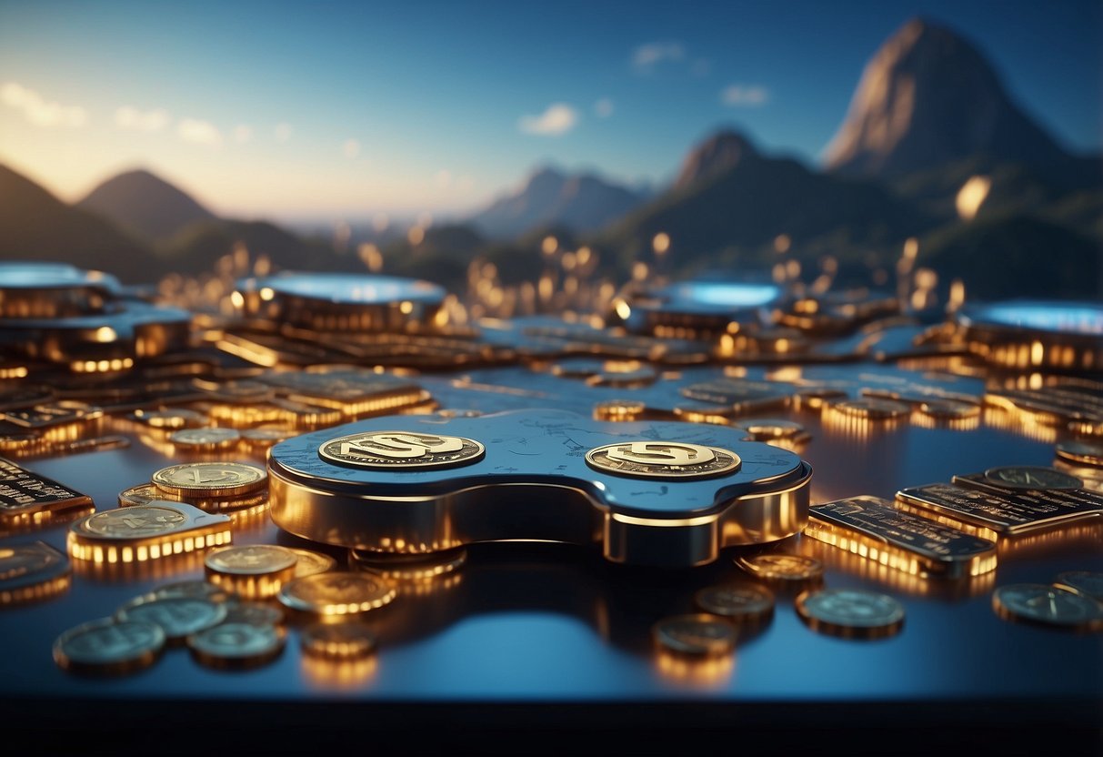 A digital landscape with virtual currency symbols floating above futuristic gaming consoles