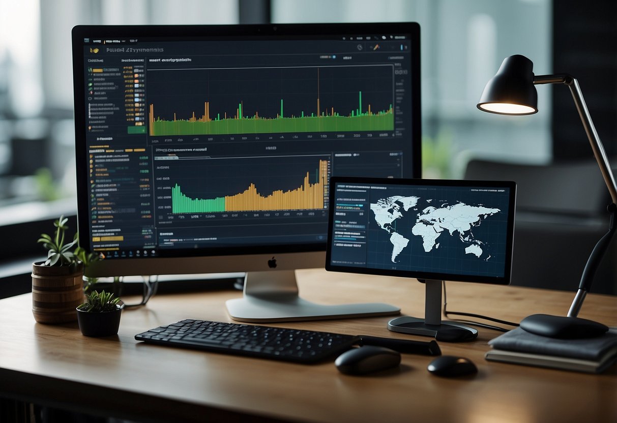 A computer screen displays cryptocurrency and blockchain fundamentals, with charts and graphs. Books on the subject are scattered on a desk