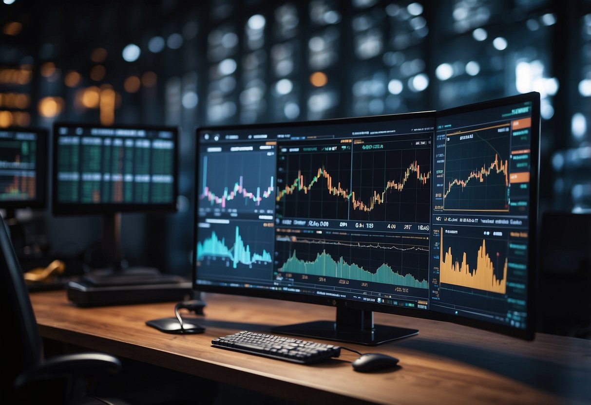 A computer screen displays fluctuating cryptocurrency prices amidst a backdrop of financial charts and graphs