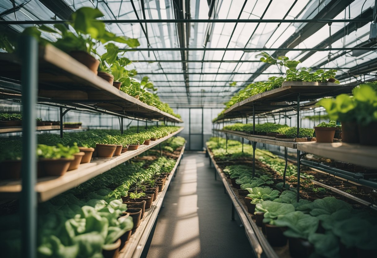 A greenhouse with automated systems: sensors, actuators, and control panels. Plants being watered, temperature and humidity being regulated