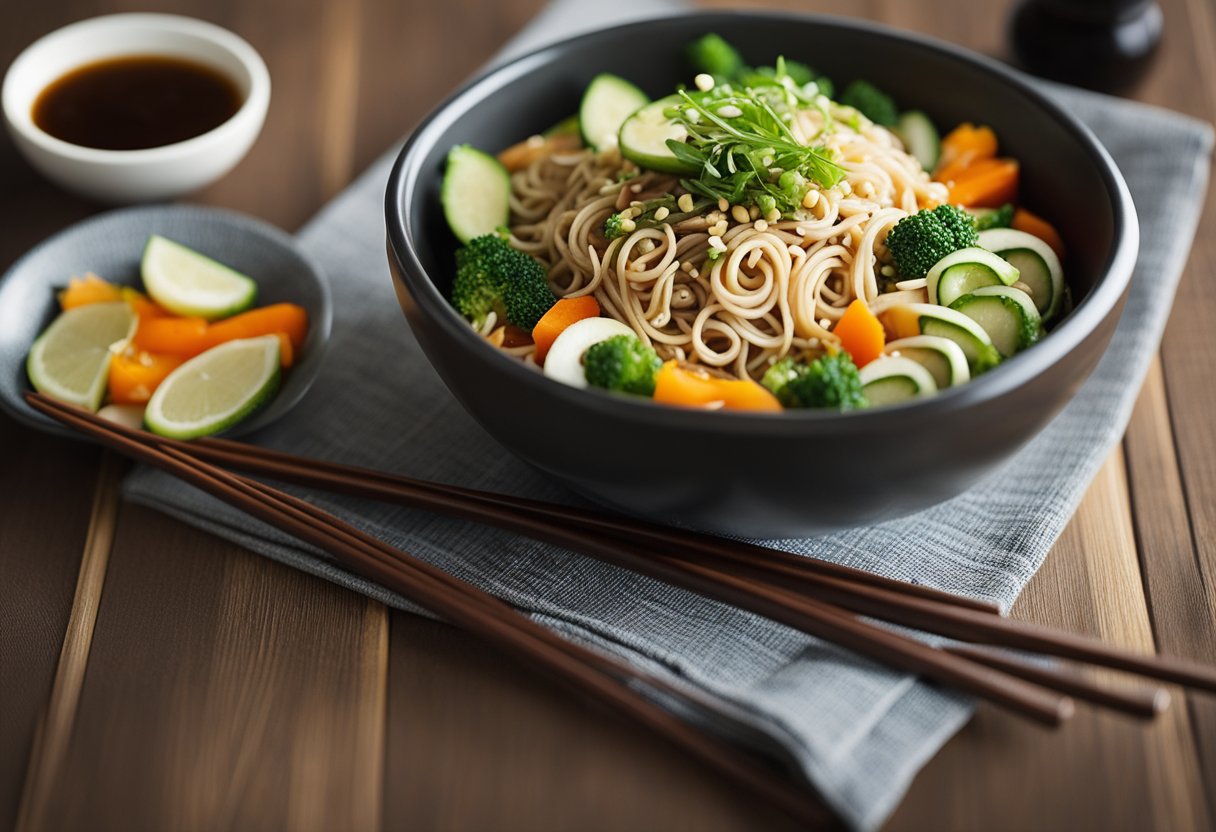 A bowl of soba noodles mixed with fresh vegetables, sesame seeds, and a tangy dressing. A pair of chopsticks resting on the side