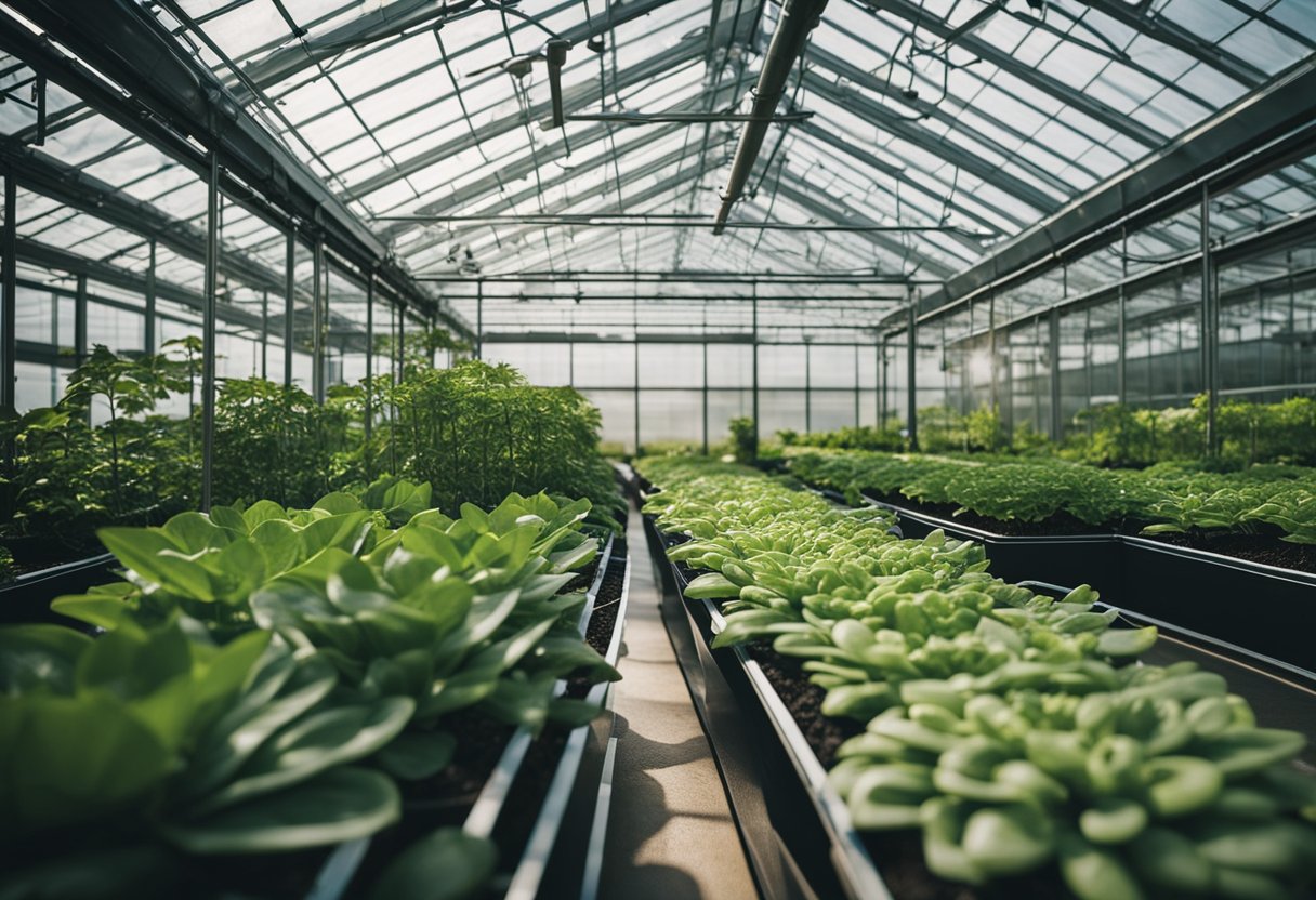 Plants thrive in a modern greenhouse with automated systems regulating temperature, light, and water. The environment is optimized for maximum growth and productivity