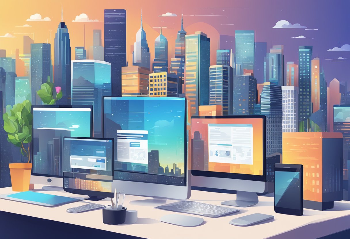 A bustling city skyline with various digital devices and computer screens, showcasing the diversity and innovation within the web design industry