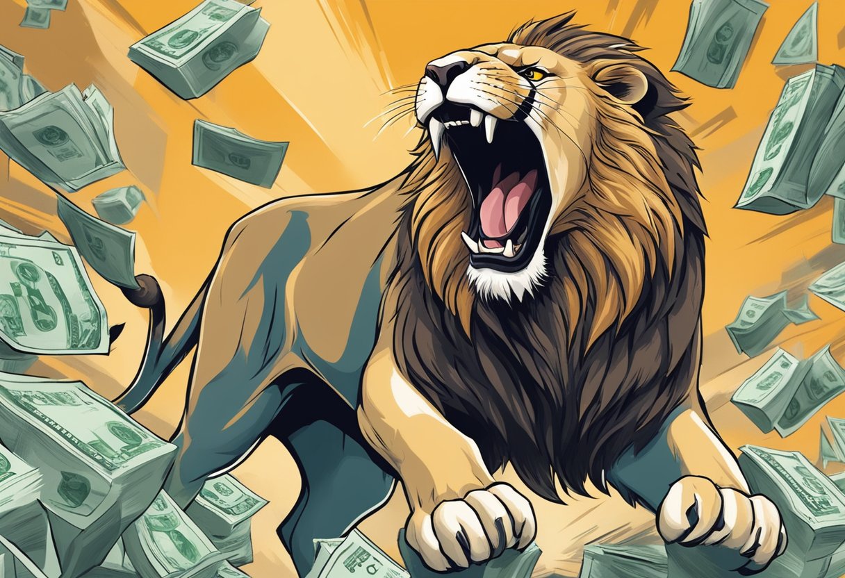 A roaring lion bursting through a GameStop stock chart, causing a short squeeze frenzy