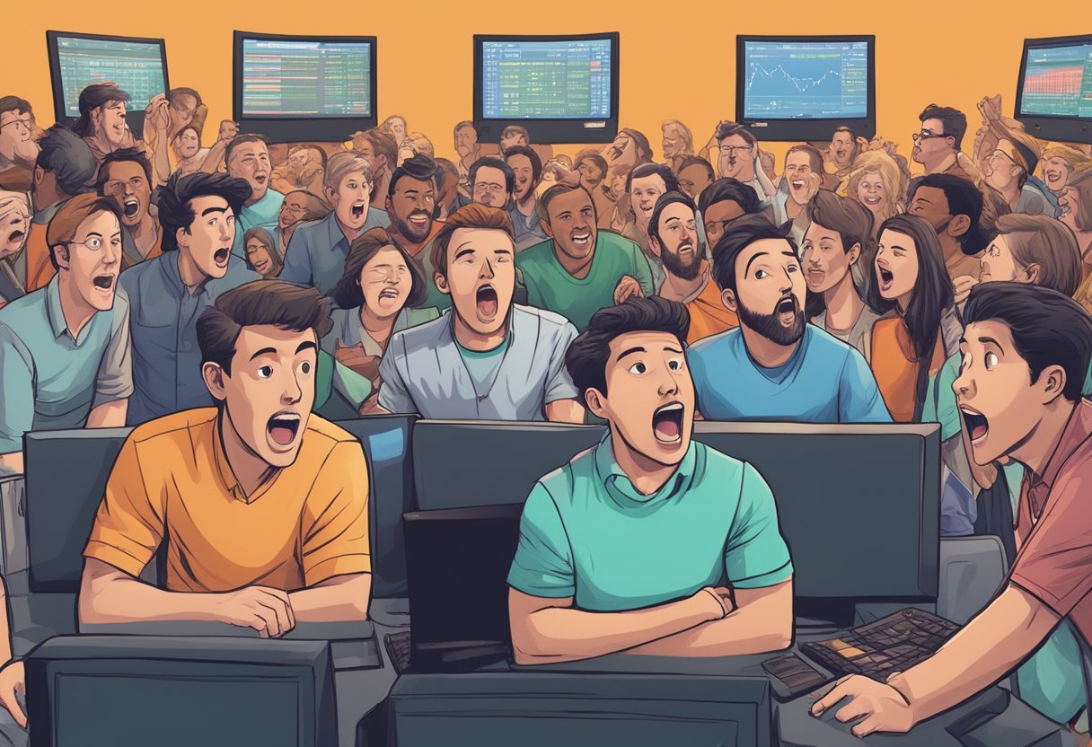 A crowd of people gathers around a computer screen, eyes wide with excitement as they watch the stock prices of GameStop skyrocketing due to the short squeeze initiated by Roaring Kitty