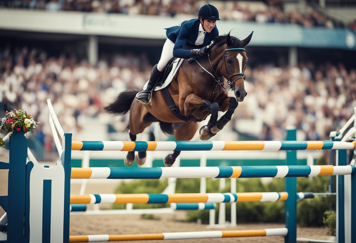 Hester in sport and competition: A detailed guide. A horse jumping over a hurdle in a competitive arena, with spectators in the background