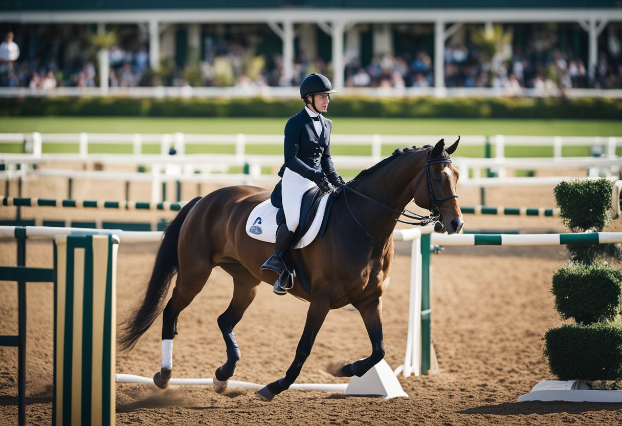 A horse in a competitive setting, surrounded by equestrian equipment and possibly other horses. The scene conveys the intensity and focus of the sport