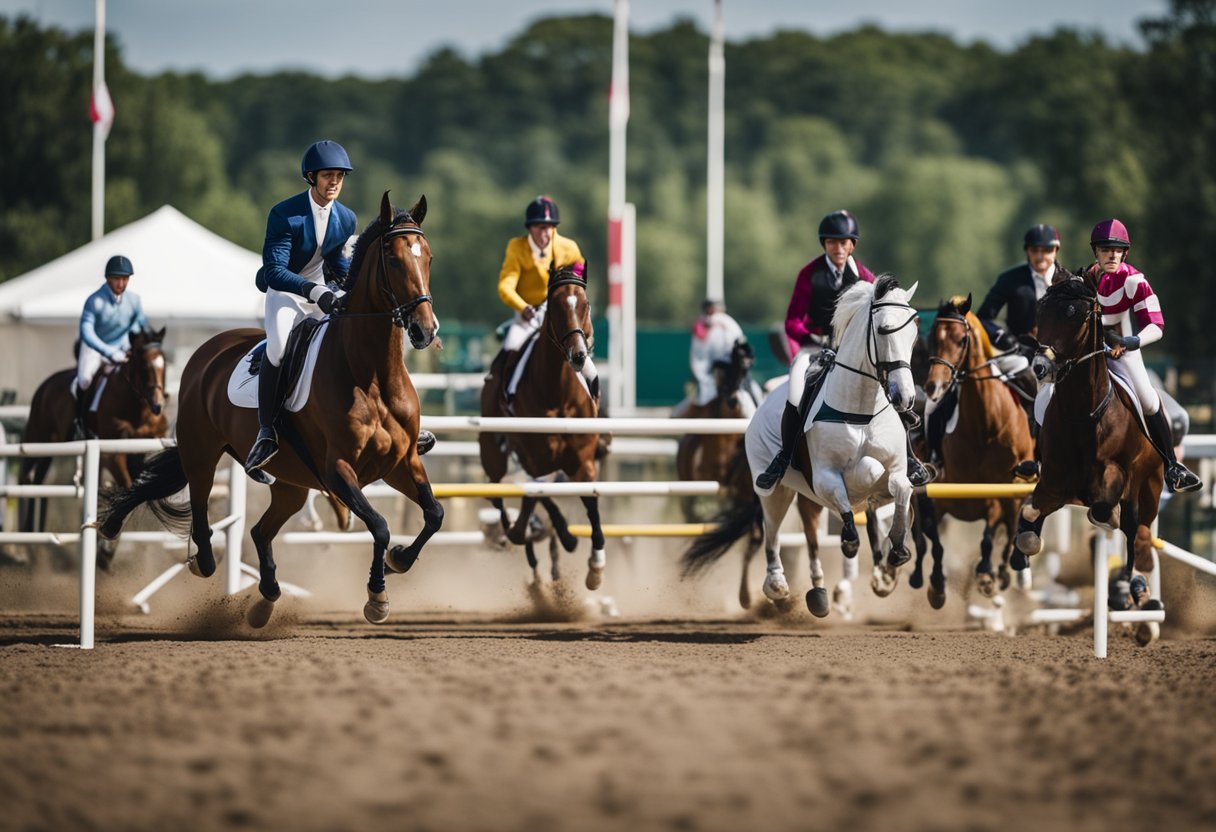 A group of horses competing in various sports, showcasing their agility and strength. The atmosphere is filled with excitement and determination as the animals demonstrate their skills in a competitive setting