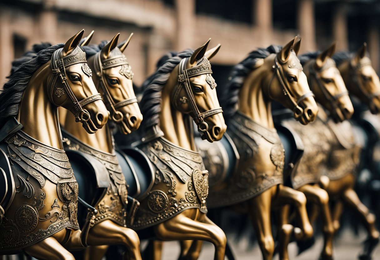 Horses in battle gear surrounded by ancient symbols and mythological figures