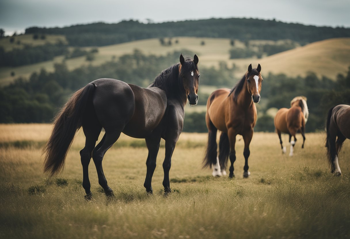 Horses throughout history: from battlefields to mythology. Illustrate a scene of horses in historical and cultural contexts