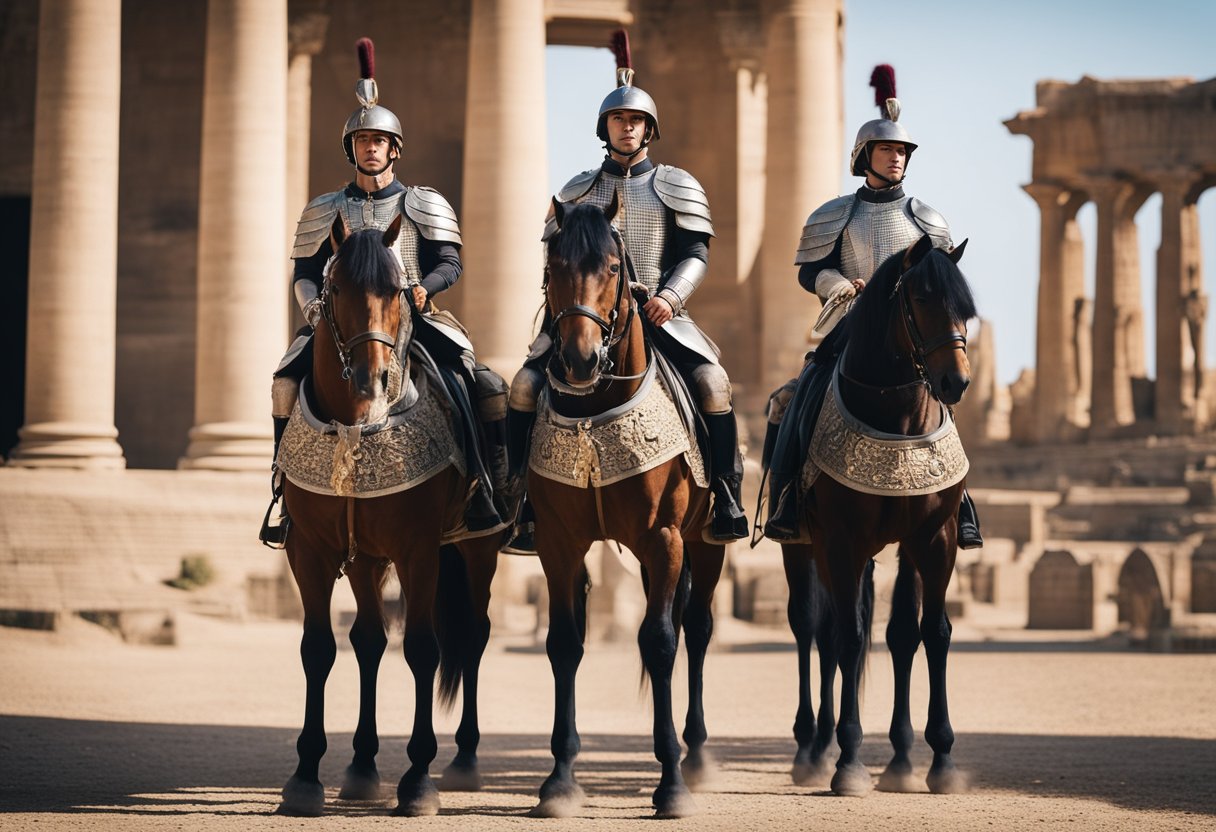 A group of war horses standing proudly in front of a grand historical monument, surrounded by ancient symbols and artifacts