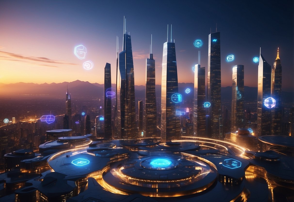 A futuristic city skyline with digital currency symbols hovering above buildings. Bright neon lights and holographic displays fill the skyline, showcasing the advancements in crypto technology