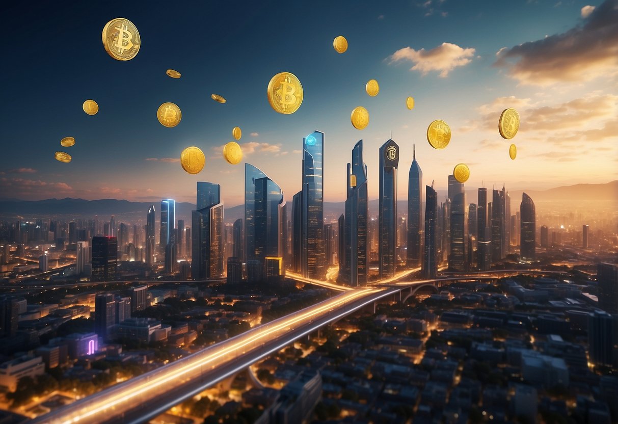 A futuristic city skyline with digital currency symbols floating above buildings, showcasing promising crypto investment projects in 2024