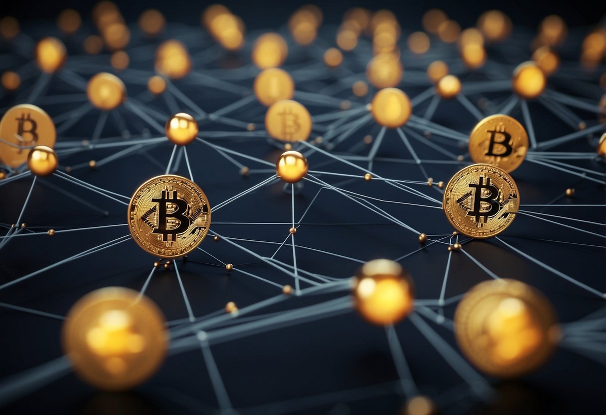 Multiple nodes connected by lines, representing decentralized cryptocurrency network. Centralized figure overshadowed by network, symbolizing importance of decentralization