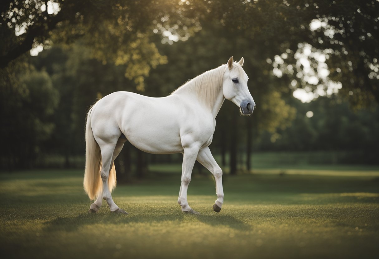 A horse's anatomy is explored in a serene setting, with attention to detail and a focus on the animal's well-being and performance