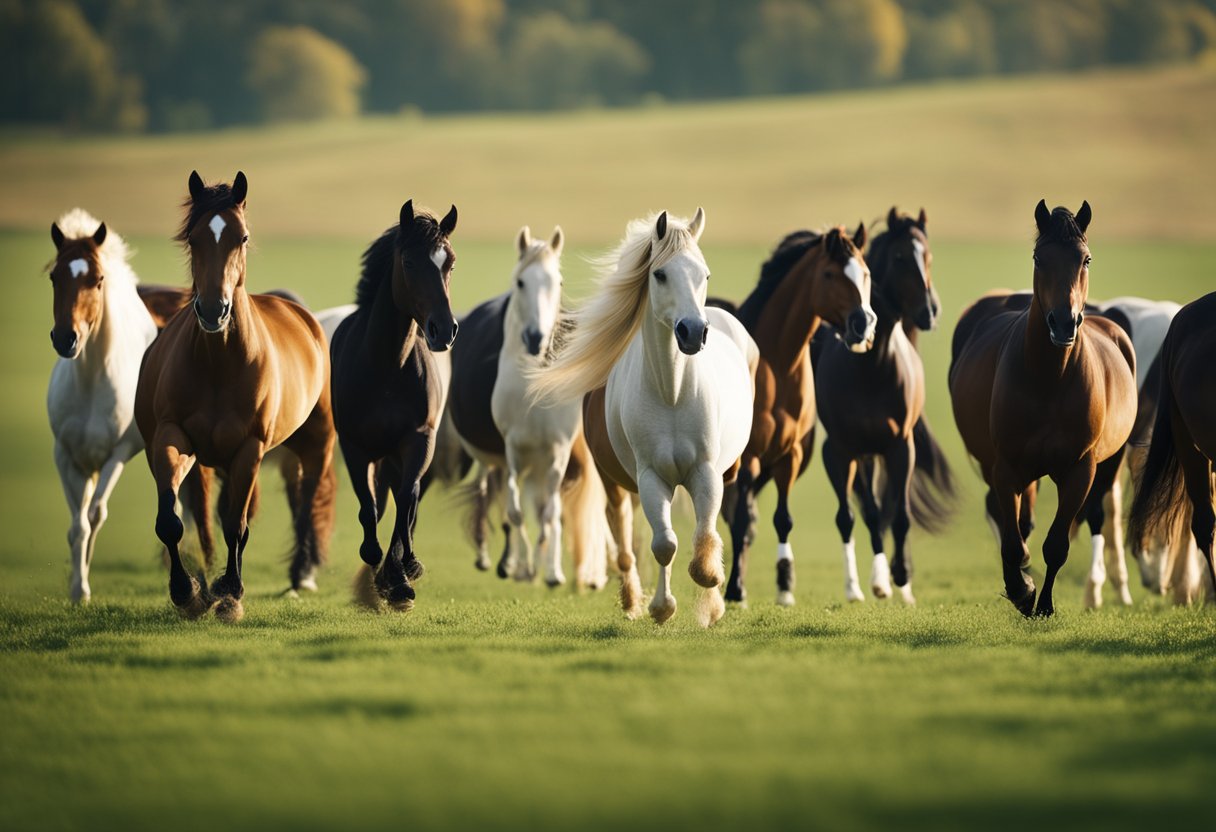 A field with various horse breeds grazing, representing popular horse races and their origins