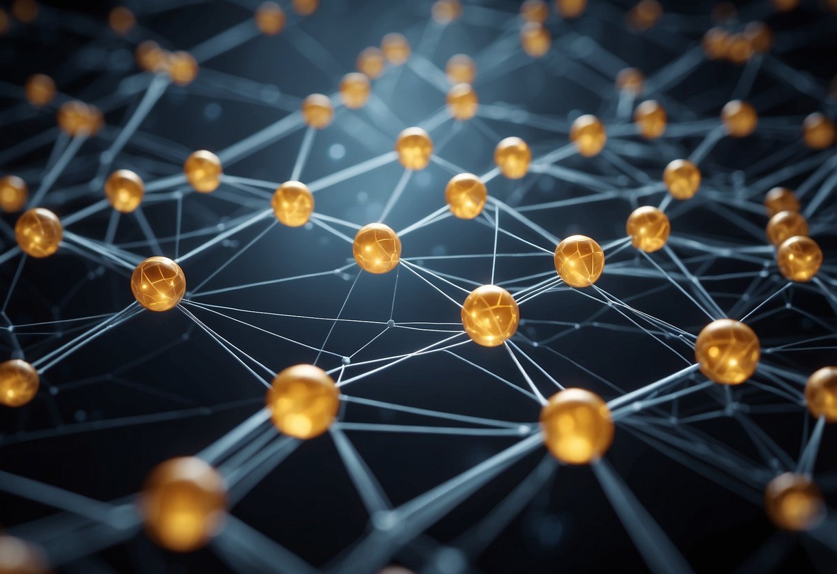 A network of interconnected nodes forming a decentralized system, with various dApps and cryptocurrencies being exchanged among them