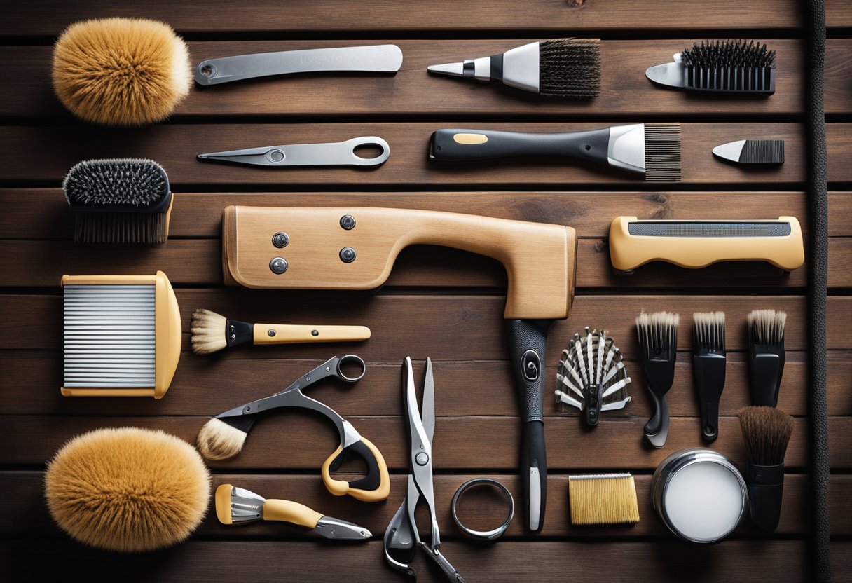 A horse grooming kit laid out on a stable floor, with brushes, hoof picks, and grooming gloves. A checklist of daily care tasks is pinned to the wall