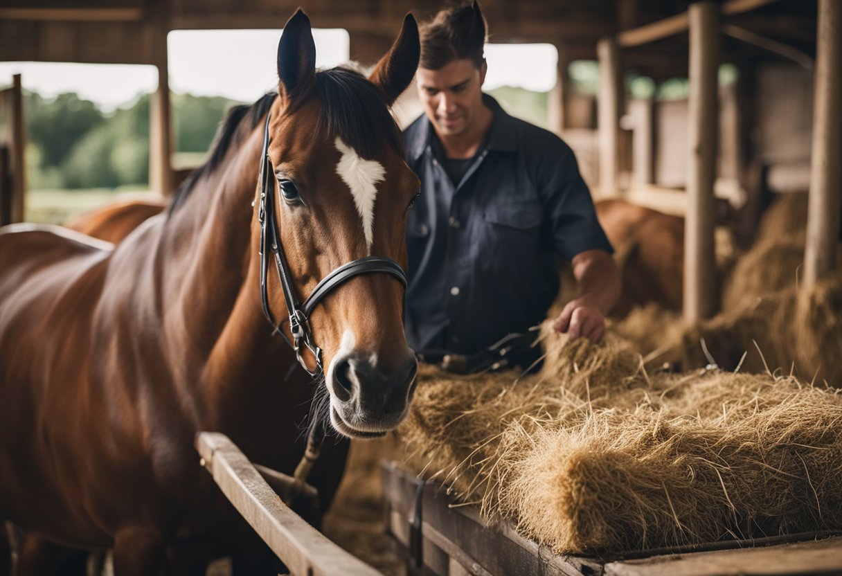 A horse being groomed with brushes and combs, hooves being cleaned, and a feeding trough filled with hay and water