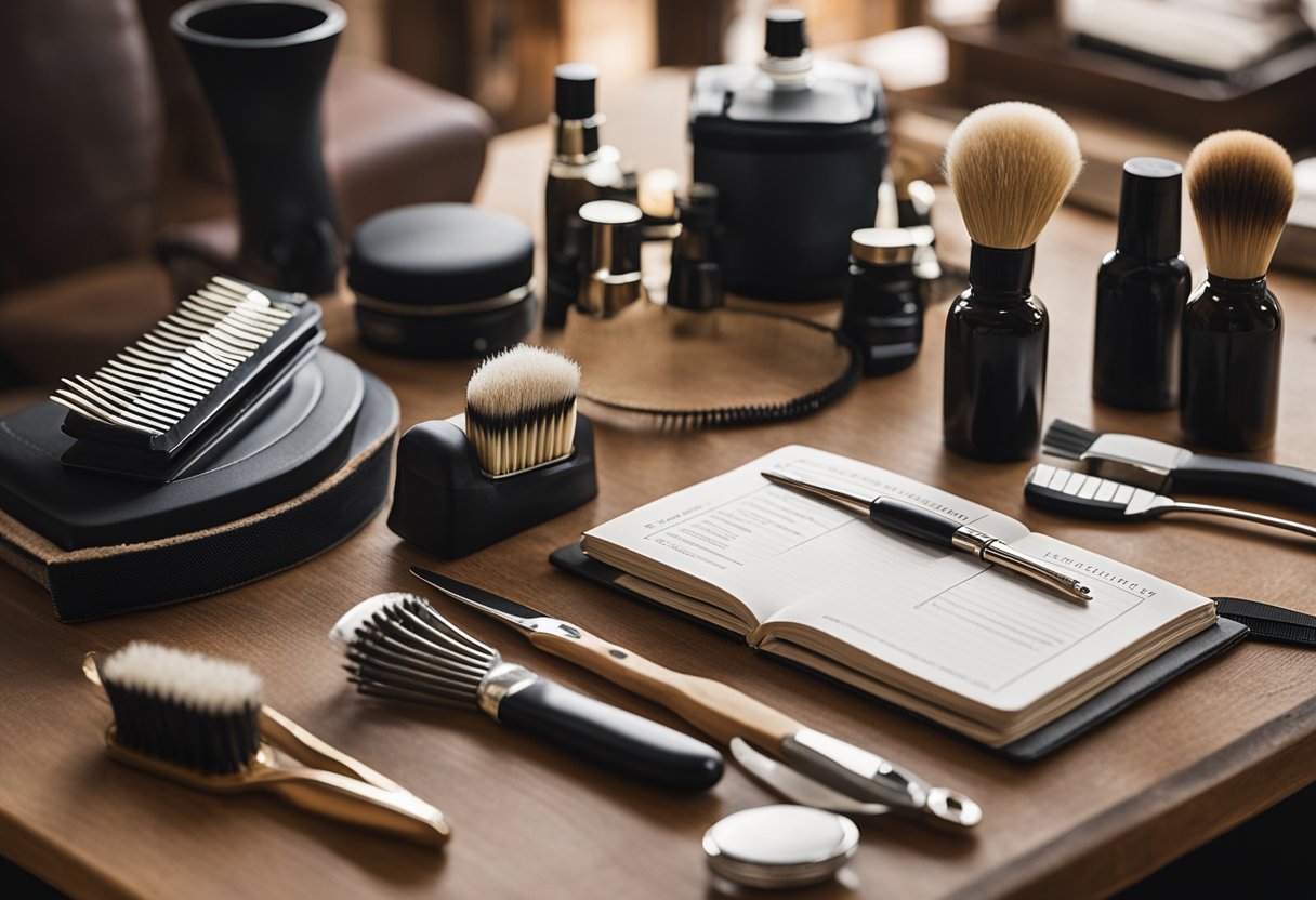 A horse grooming checklist and advice book lies open on a stable table, surrounded by brushes, combs, and grooming supplies