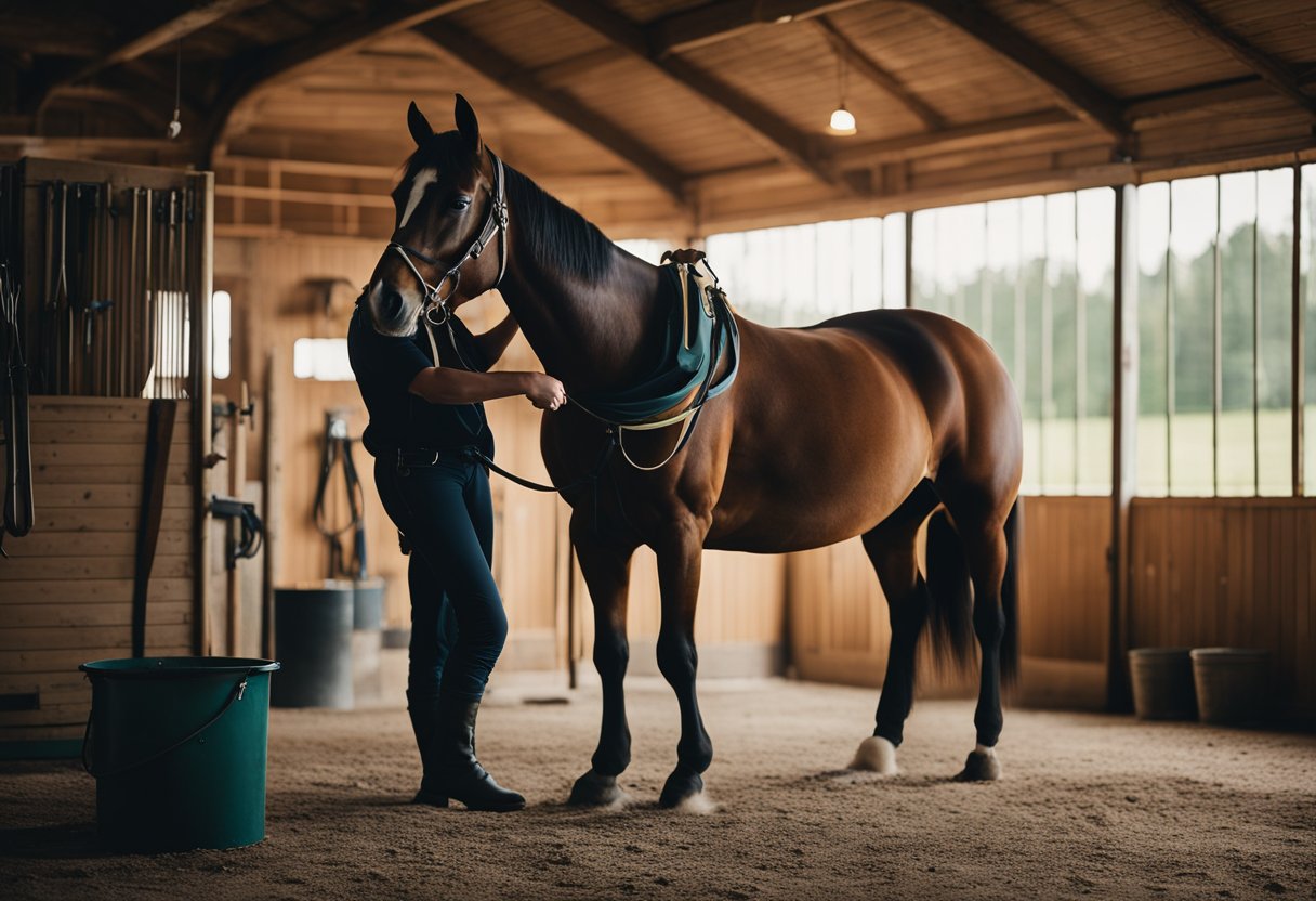 A horse being groomed and trained in a well-lit stable with various equipment and tools visible