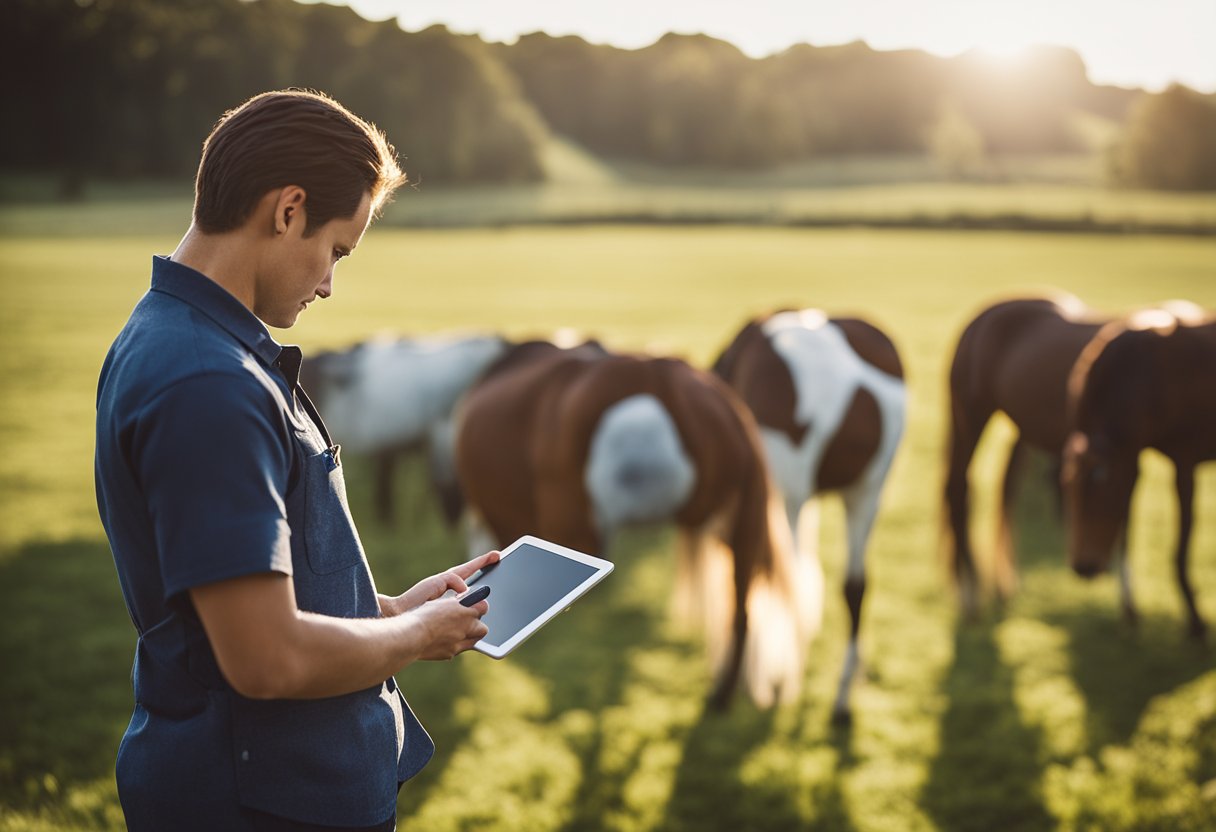 Interactive tools for horse care: A person using a tablet to plan and manage horse care tasks, surrounded by barn and pasture settings