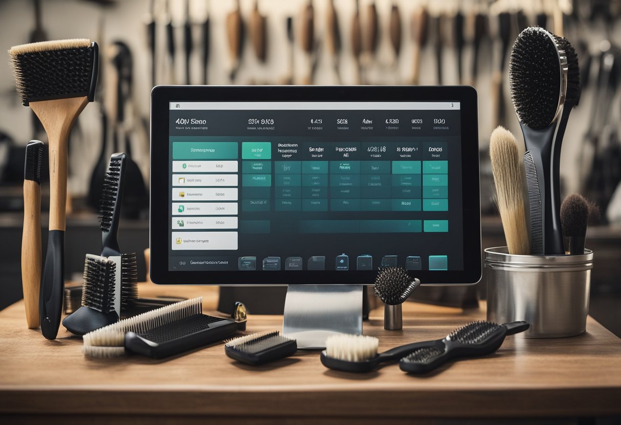 A horse grooming station with brushes, combs, and hoof picks neatly arranged on a wall. A digital tablet displaying a horse care management app