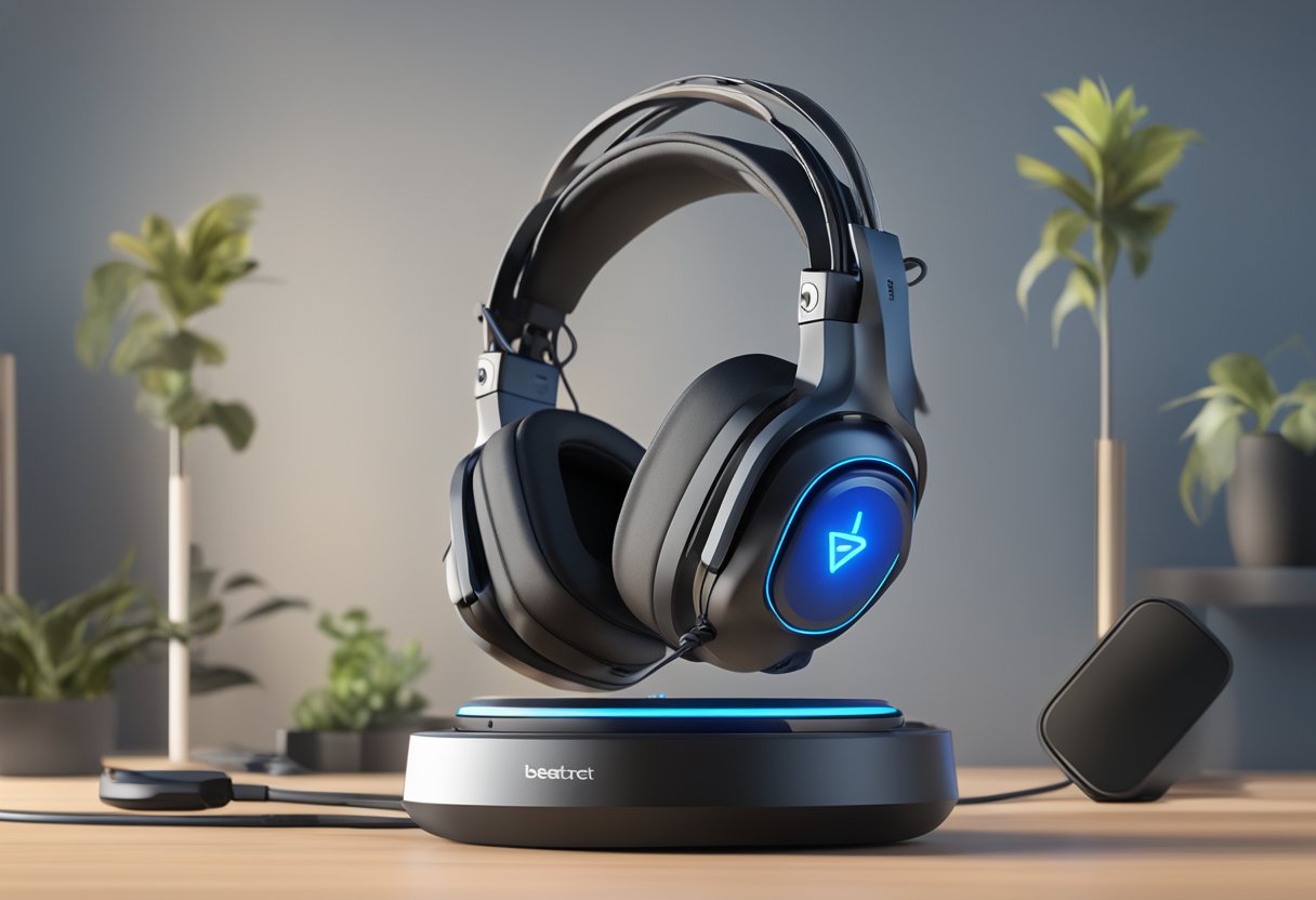 The LDAS TH11 headset stands out on a pedestal, surrounded by discarded B350-XT headsets. A glowing review label reads "Better than Blueparrot."