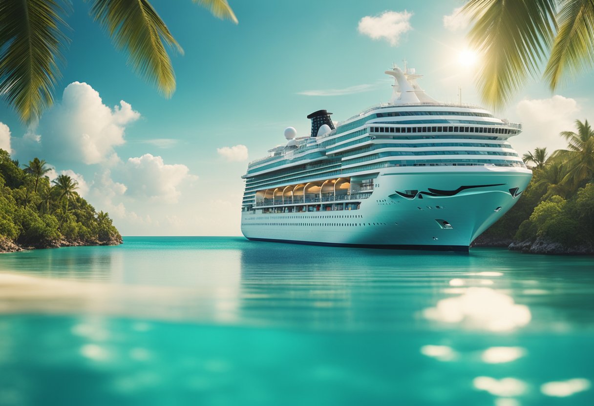A cruise ship glides through turquoise waters, passing by exotic islands and vibrant coastal cities. The sun shines overhead as passengers relax on deck, enjoying the stunning views and luxurious amenities