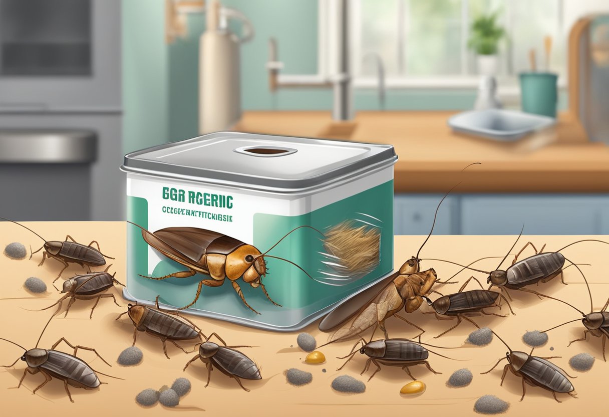 A German cockroach moves through a dirty, cluttered kitchen, leaving droppings and egg cases behind. A can of insecticide sits unused on the counter