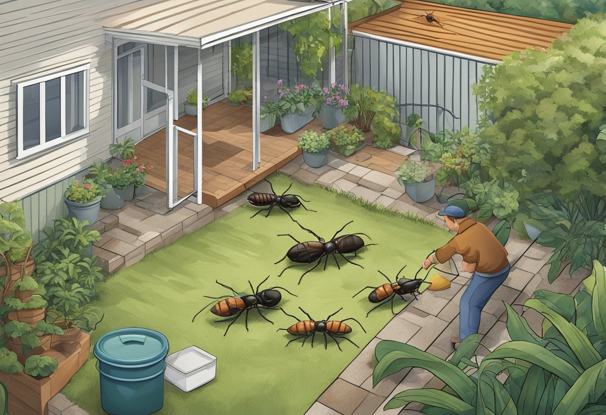 The scene shows a typical Eastern Suburbs Sydney backyard with common pests like cockroaches, ants, and spiders. A person is using pest control products to eliminate them